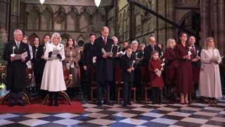 (Front row left to right) King Charles III, Queen Camilla, Prince William, Prince of Wales, Prince George, Princess Charlotte, Catherine, Princess of Wales and Sophie, Duchess of Edinburgh during the 'Together at Christmas' Carol Service at Westminster Abbey on December 15, 2022