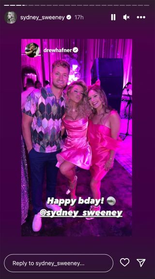 Sydney Sweeney promoting her 26th Barbicore birthday party.