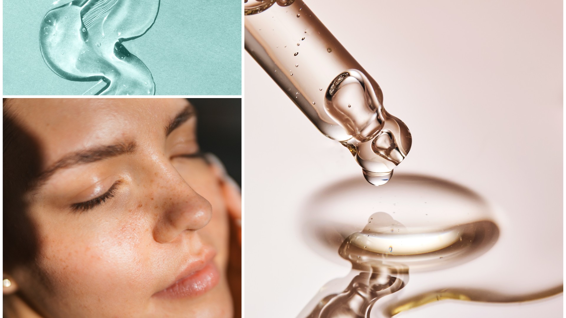a collage of photos including one of a pipette with clear liquid coming out, a woman with clear skin, and a clear gel