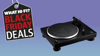 Black Friday graphic with turntable on blue/purple background