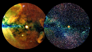 On the left, a yellow circle with smoky patterns. On the right, a blue hued circle that's sparkly with stars.