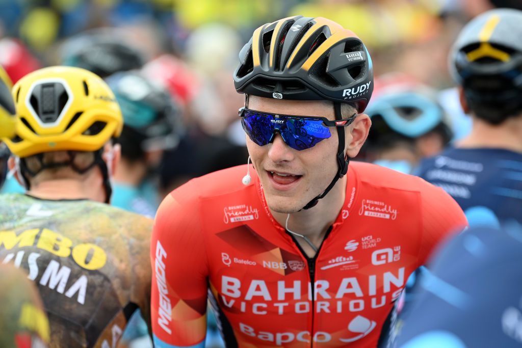 SONDERBORG DENMARK JULY 03 Matej Mohoric of Slovenia and Team Bahrain Victorious during the team presentation prior to the 109th Tour de France 2022 Stage 3 a 182km stage from Vejle to Snderborg TDF2022 WorldTour on July 03 2022 in Sonderborg Denmark Photo by Stuart FranklinGetty Images