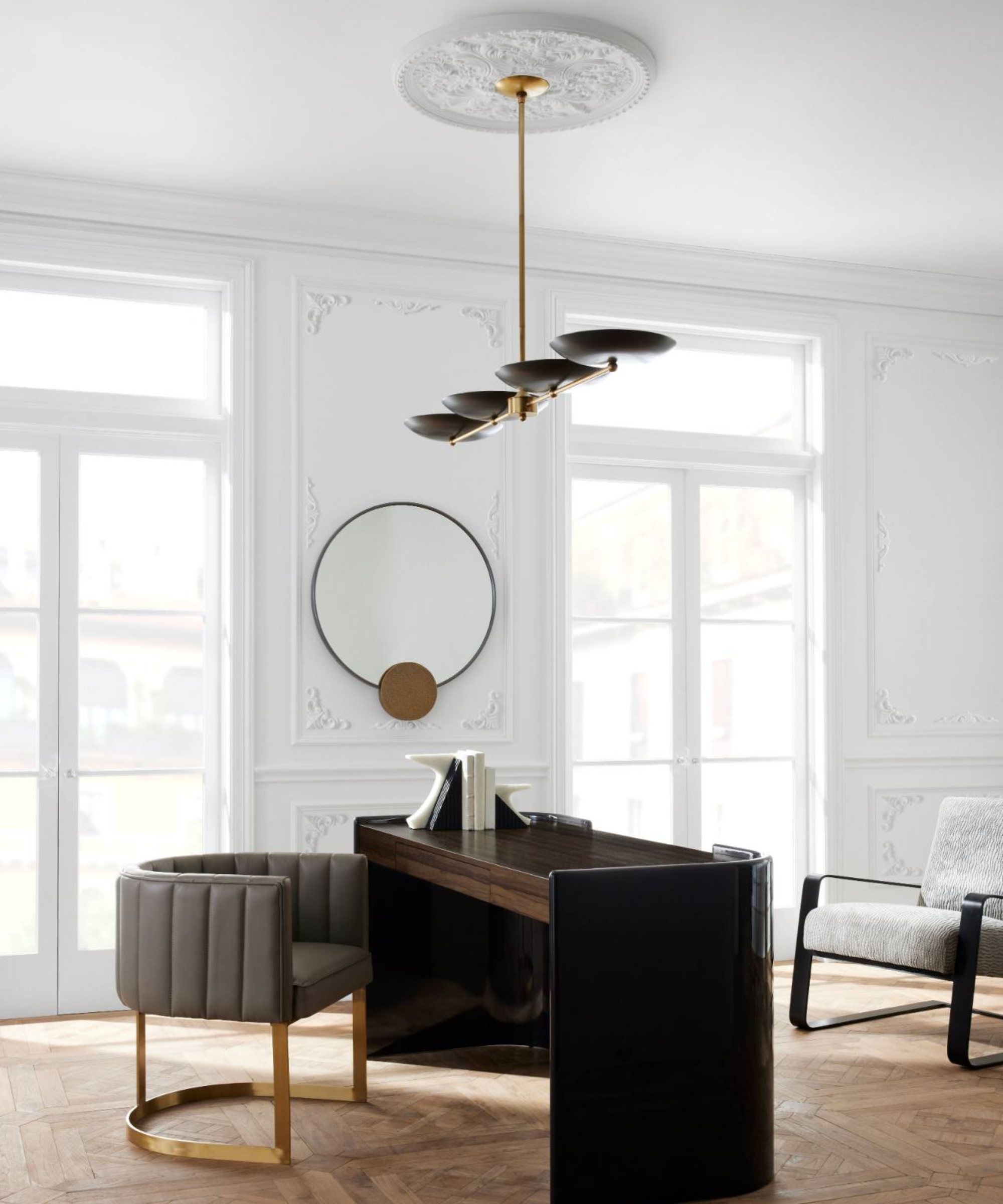 home office with large pendant light hanging above desk