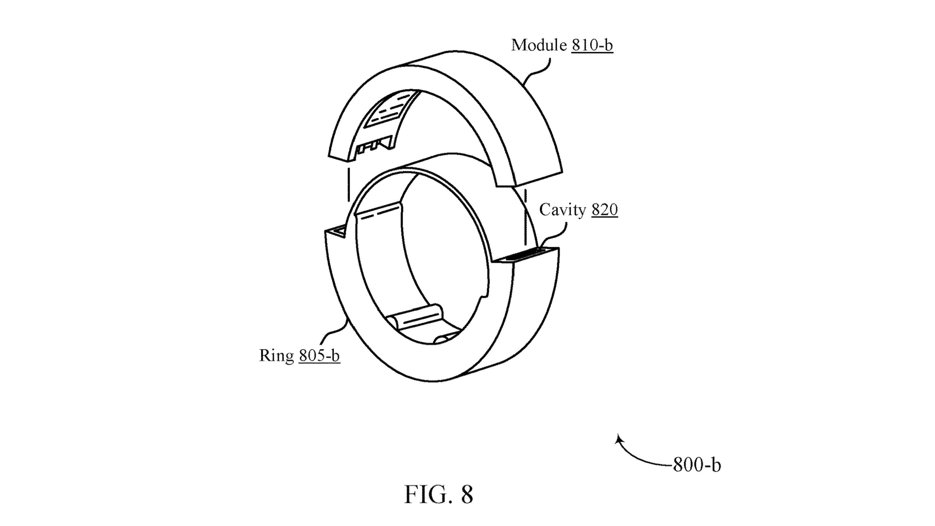 A patent figure showing a smart ring with a pre-designed cavity that an attachable module could slot into.