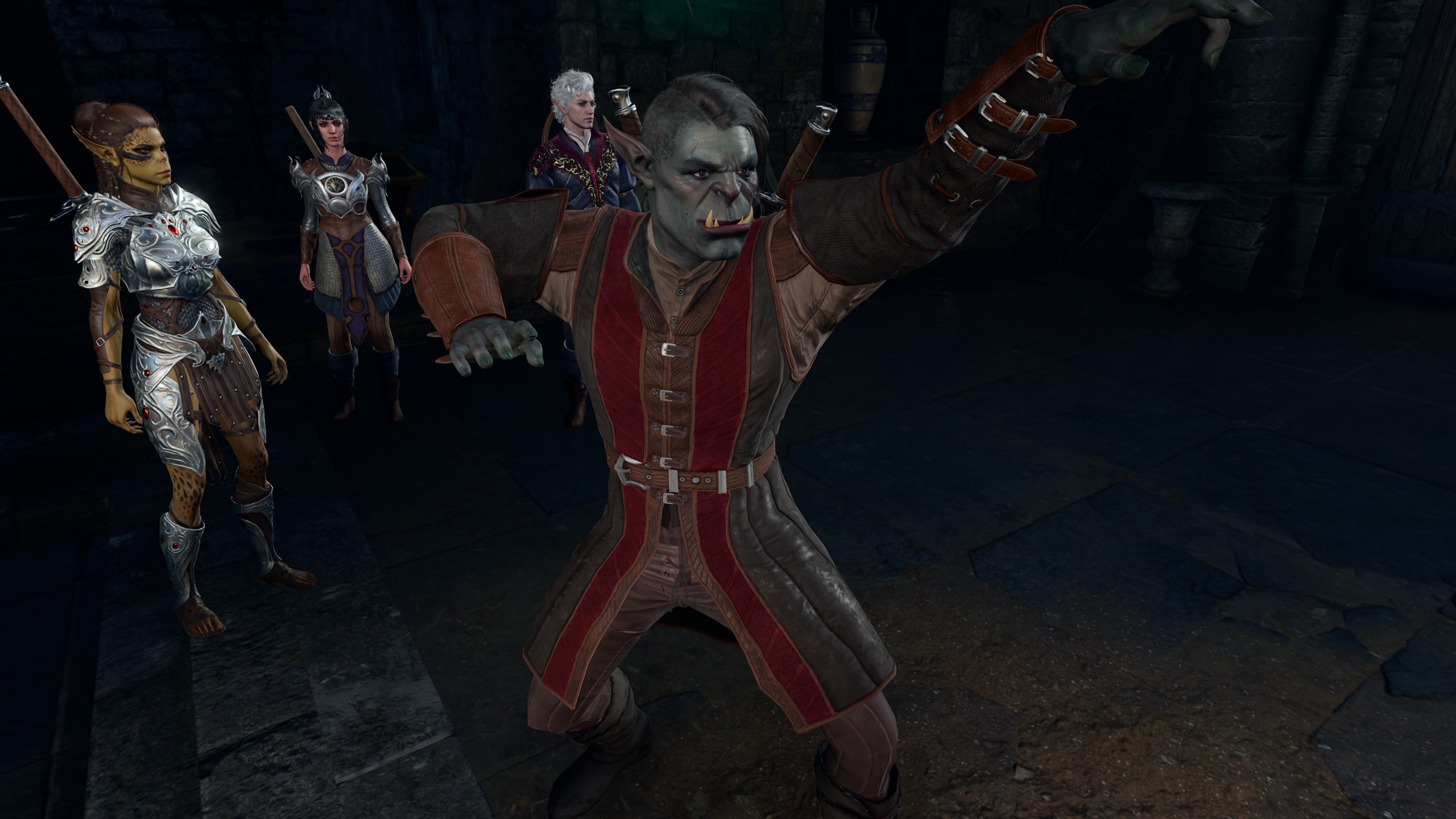 Half Orc Warlock raising hands to cast a spell