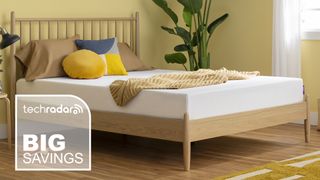 A Purple NewDay mattress in a bedroom, in the corner is a TechRadar deals graphic
