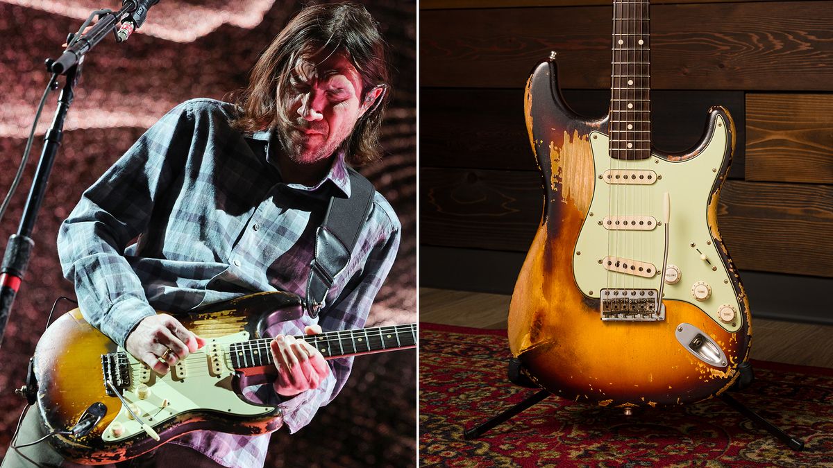 Guitarist John Frusciante of Red Hot Chili Peppers performs at Allegiant Stadium on April 01, 2023 in Las Vegas, Nevada, and his Fender Custom Shop signature guitar