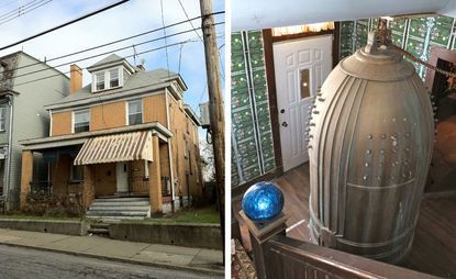 Left: from the street, the 1,900-square-foot single family house Right: entering La Hütte Royal visitors must first must squeeze past an enormous bell