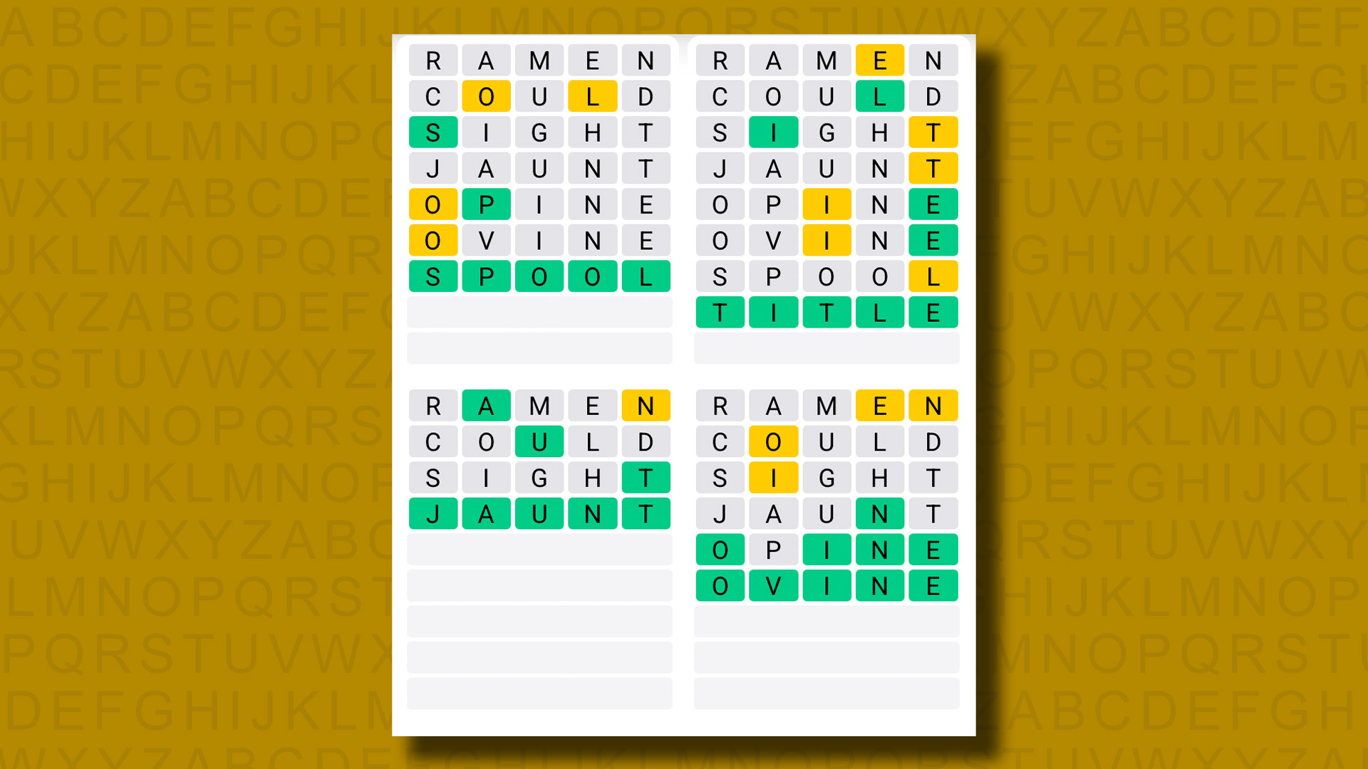 Quordle answers for game 1296 on a yellow background