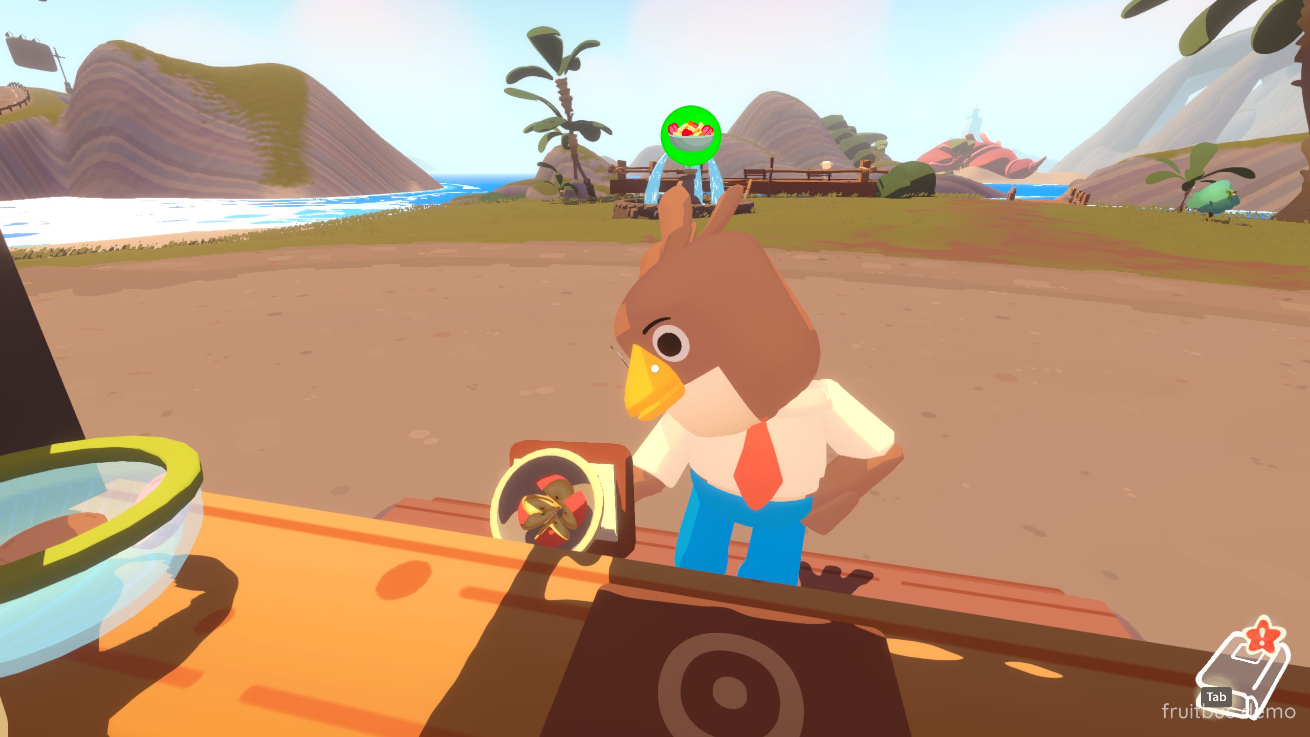 Fruitbus - a bird in business attire eats a bowl of cut apples from a food truck