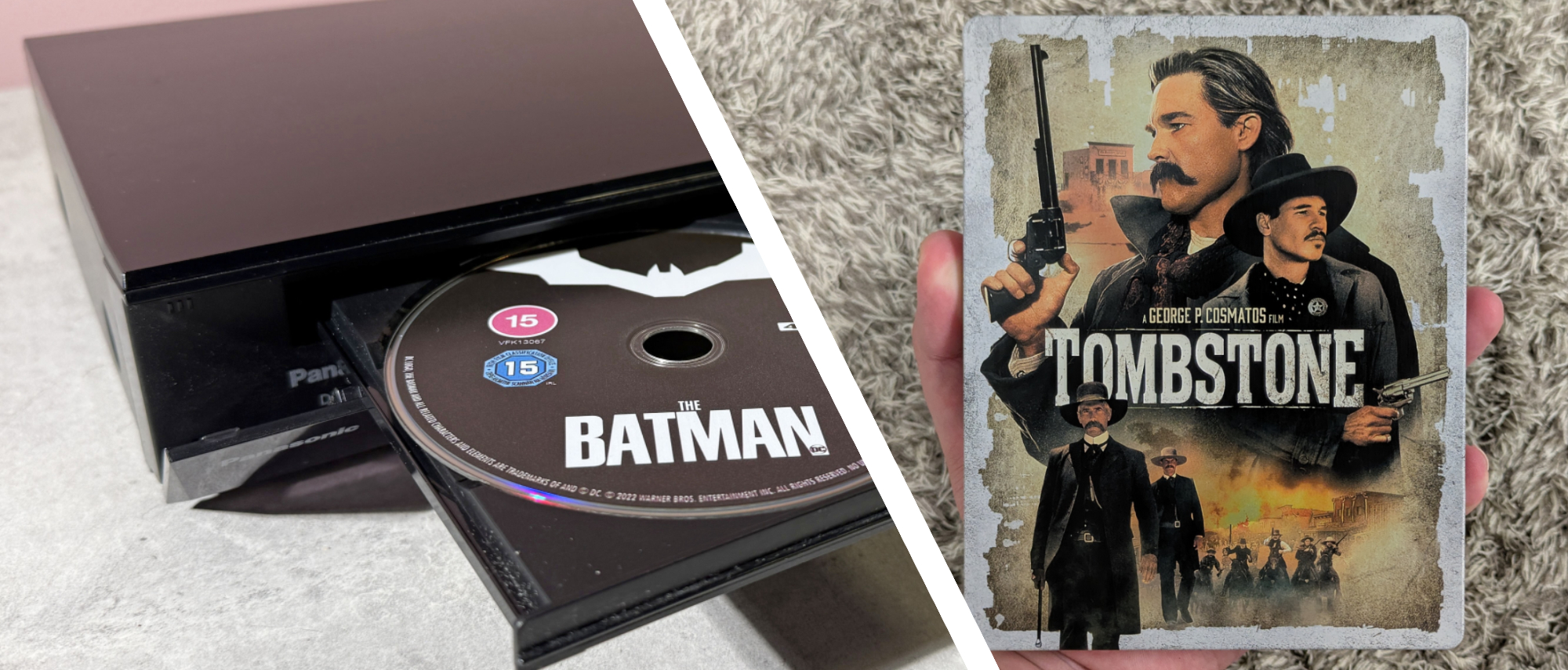 Split image showing 4K Blu-ray disc tray with the Batman in and someone holding the Tombstone 4K Blu-ray case 