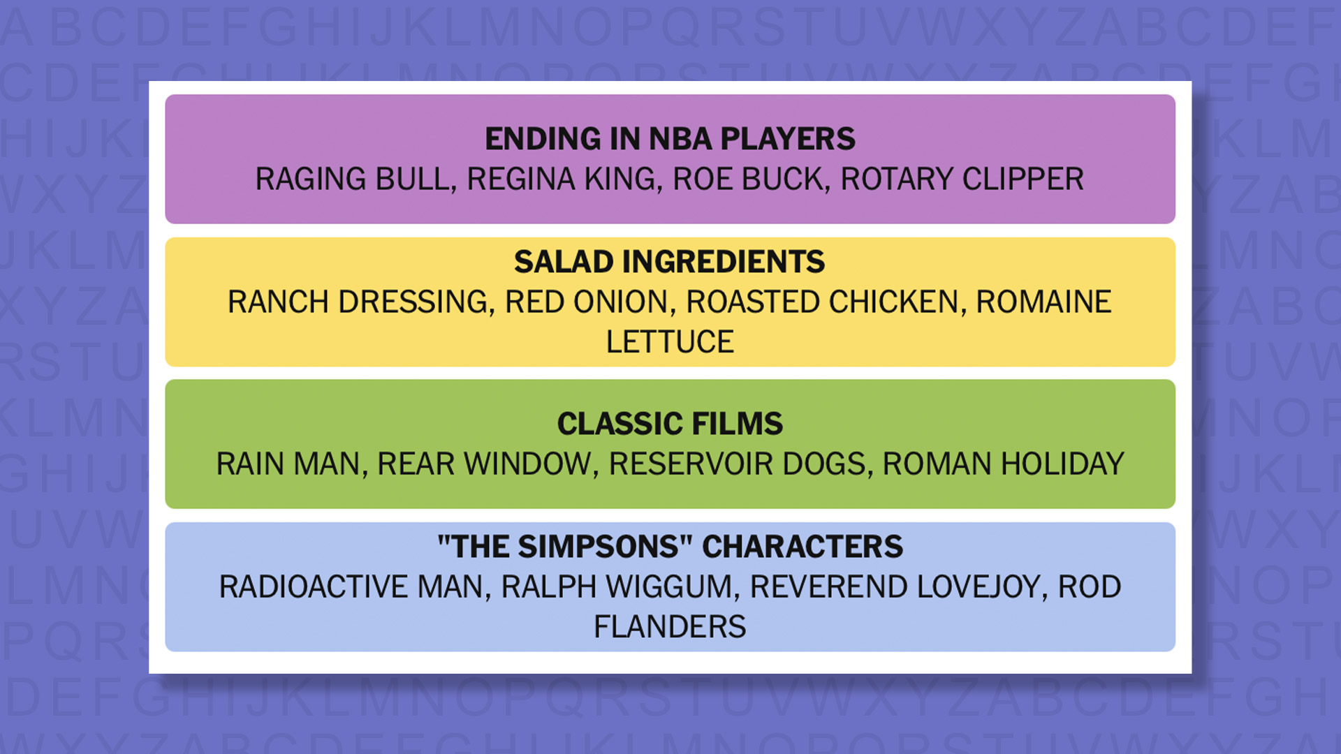 NYT Connections answers for game 1051 on a purple background