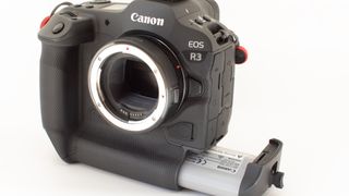 Canon R3 showing the battery pack