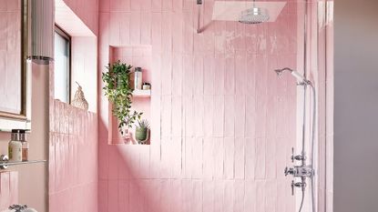 bathroom colour schemes with shower with pink tiles