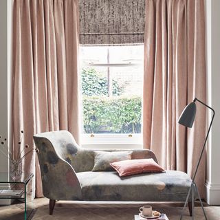 Blush curtains and roman shade bay window window treatments with blue patterned chaise longue