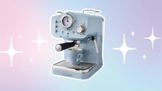 Swan SK22110BLN, Retro Pump Espresso Coffee Machine on a pink and blue ombre background with white sparkle emojis