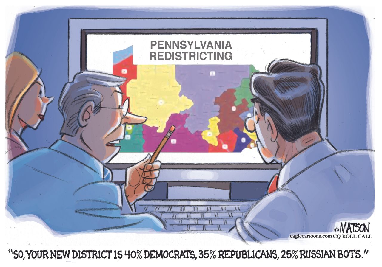 Political cartoon U.S. Pennsylvania gerrymandering Russia investigation bots trolls election meddling