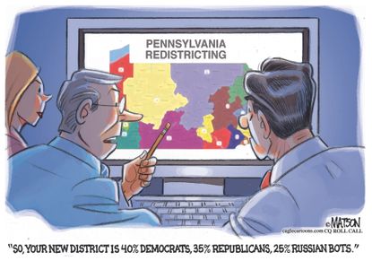 Political cartoon U.S. Pennsylvania gerrymandering Russia investigation bots trolls election meddling