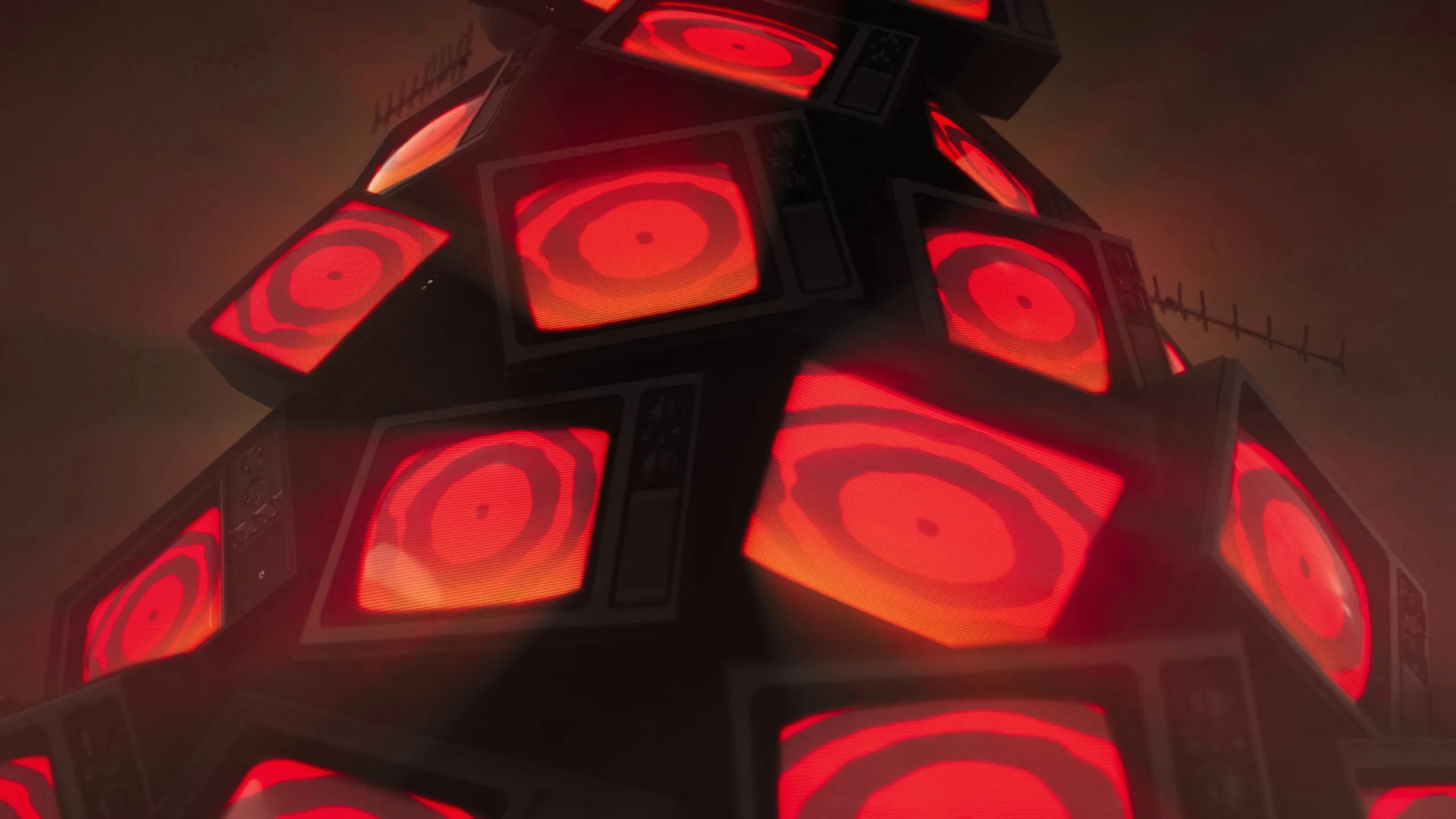 A screenshot of the red TV screens during the Midnight channel in the Persona 4 remake trailer.
