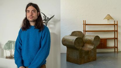 In a split image, the left of the frame features a young man in a blue jumper as he stands in a naturally lit gallery. On the right, a wooden bookcase, an iron sofa and a lamp stand in the same art space.