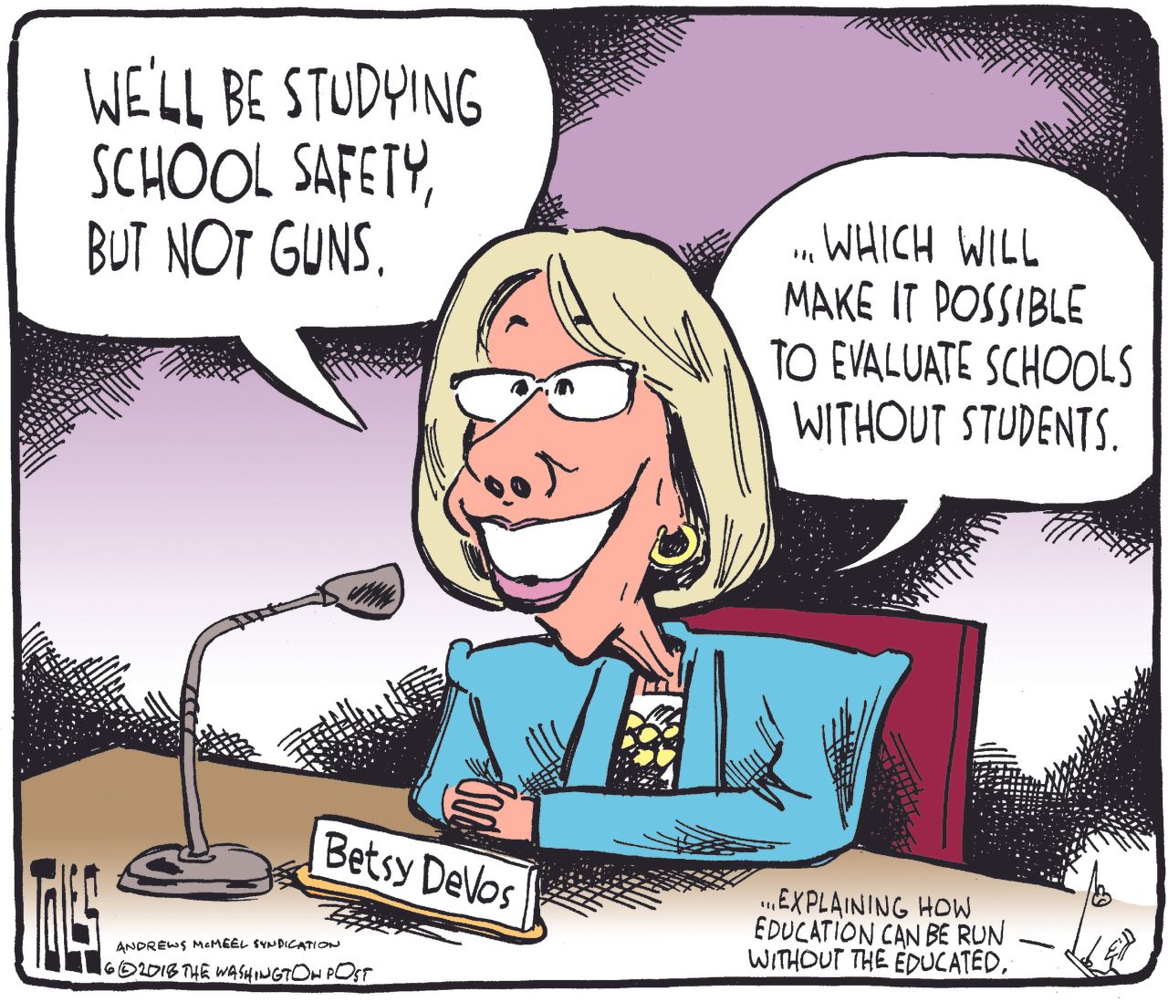 Political Cartoon U.S. Betsy DeVos school safety commission guns