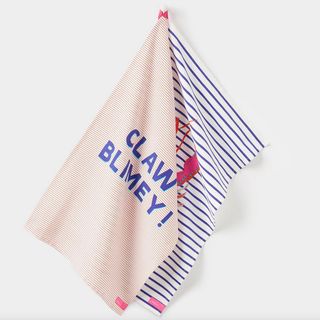 lobster tea towels with blue stripes and lobster art
