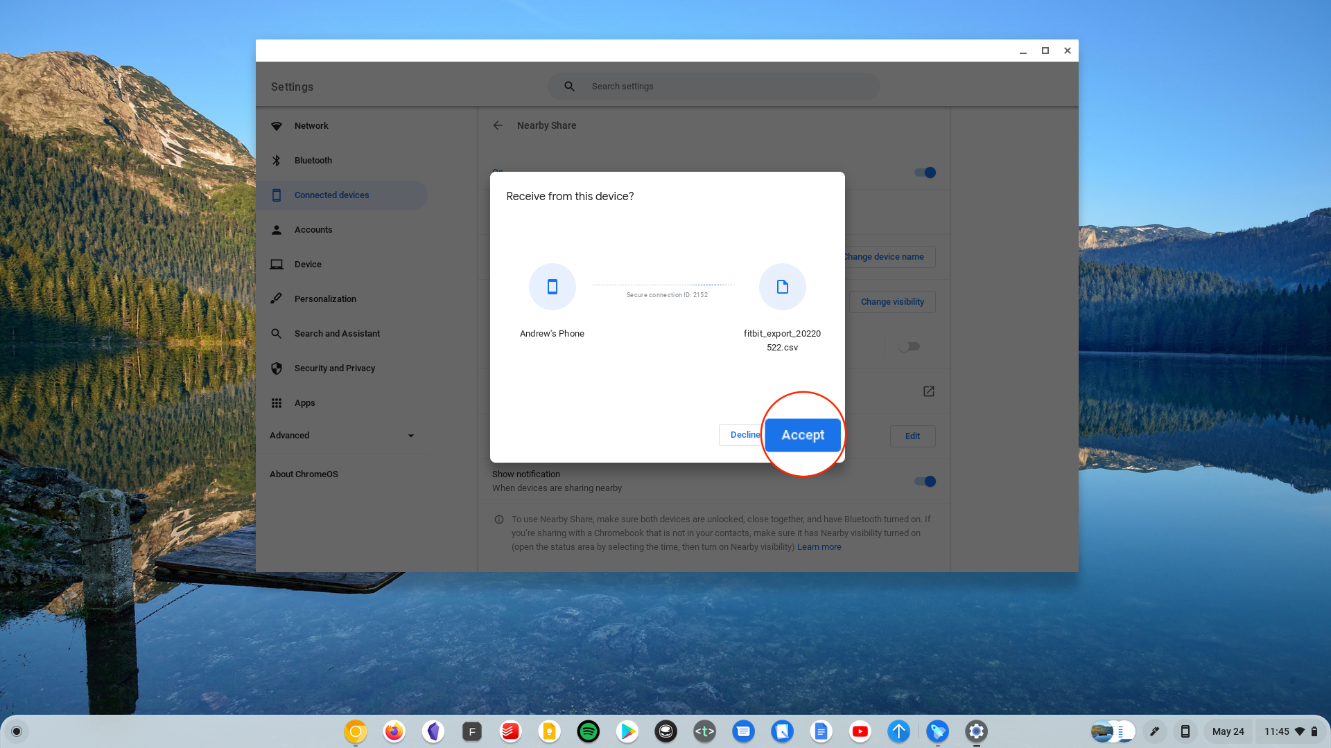 Acepte el archivo en el Chromebook desde el recurso compartido cercano