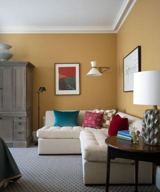 yellow living room with corner sofa