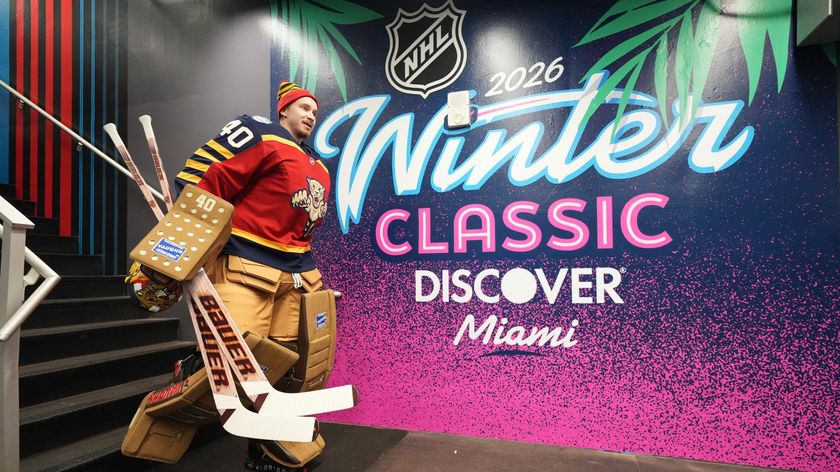 Daniil Tarasov #40 of the Florida Panthers makes his way to the ice before practice for the 2026 Discover NHL Winter Classic between the New York Rangers and the Florida Panthers at loanDepot park on January 01, 2026 in Miami, Florida. 