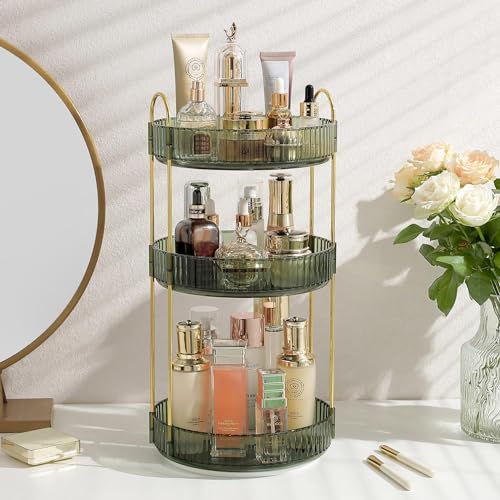 Rownyeon Makeup Organiser 360 Rotating,spinning Skincare Cosmetic Organiser 3 Tier Large Spinny Make Up Storage Organiser Shelf for Perfume, Vanity,dresser, Bedroom, Bathroom,toiletry(green) : Amazon.co.uk: Beauty