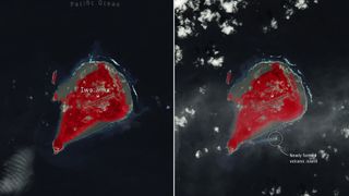 a split-screen image of an island formed from a volcano eruption.
