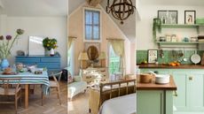 blue and white dining room, pink and green bedroom, green kitchen