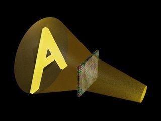 A computer rendering of a sound wave that traveled through an array of acoustic metamaterial and was shaped into a pattern like the letter A one foot past the array. This pattern could not be seen, only heard.