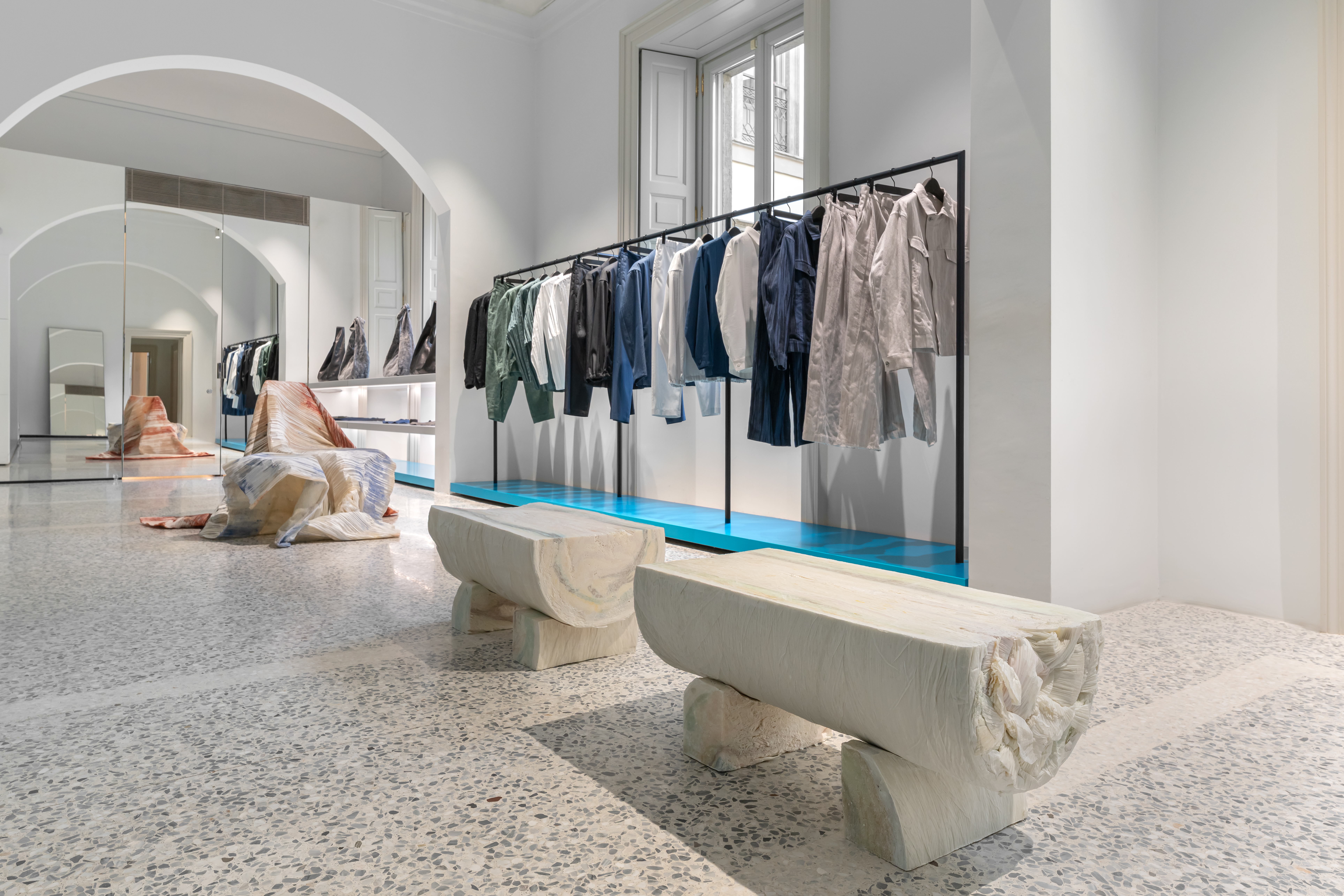 Sculptural paper installation at Issey Miyake store in Milan during Design Week 2026