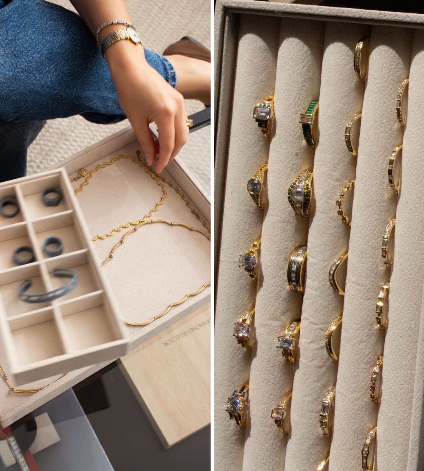 a composite of rings and necklaces in laura vann's studio