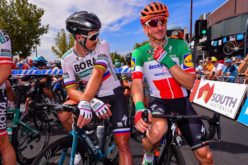 Peter Sagan and Elia Viviani before the start of stage 1 at the tour Down Under