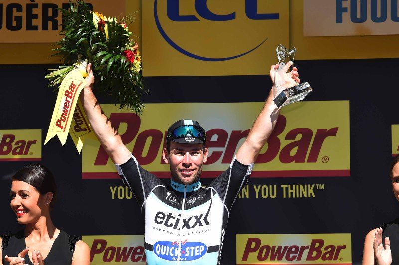 Mark Cavendish (Etixx-Quick Step) collects the winners trophy