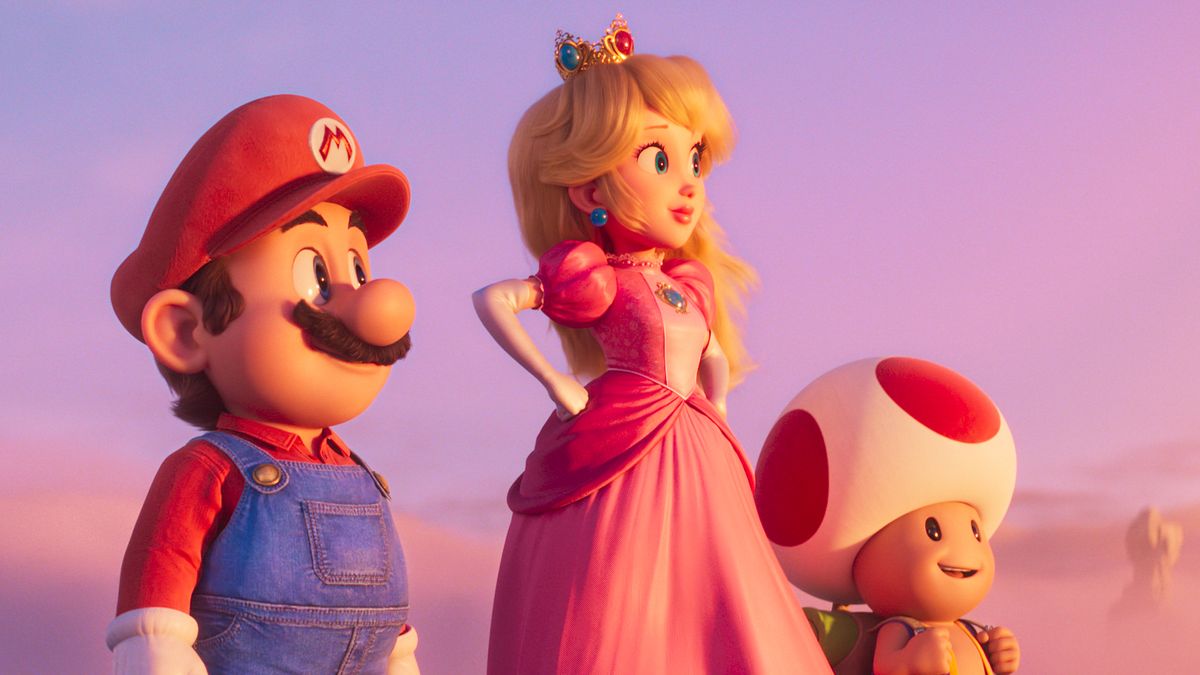 Mario, Peach and Toad (L-R) look off to the right in The Super Mario Bros. Movie