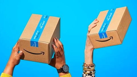 An Amazon stock image of delivery boxes on a blue background