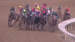 Horses coming around a corner in the Kentucky Derby