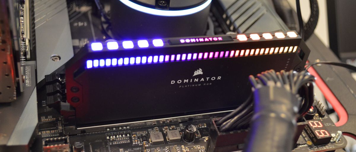 Corsair Dominator Platinum RGB DDR5 RAM inserted into a motherboard