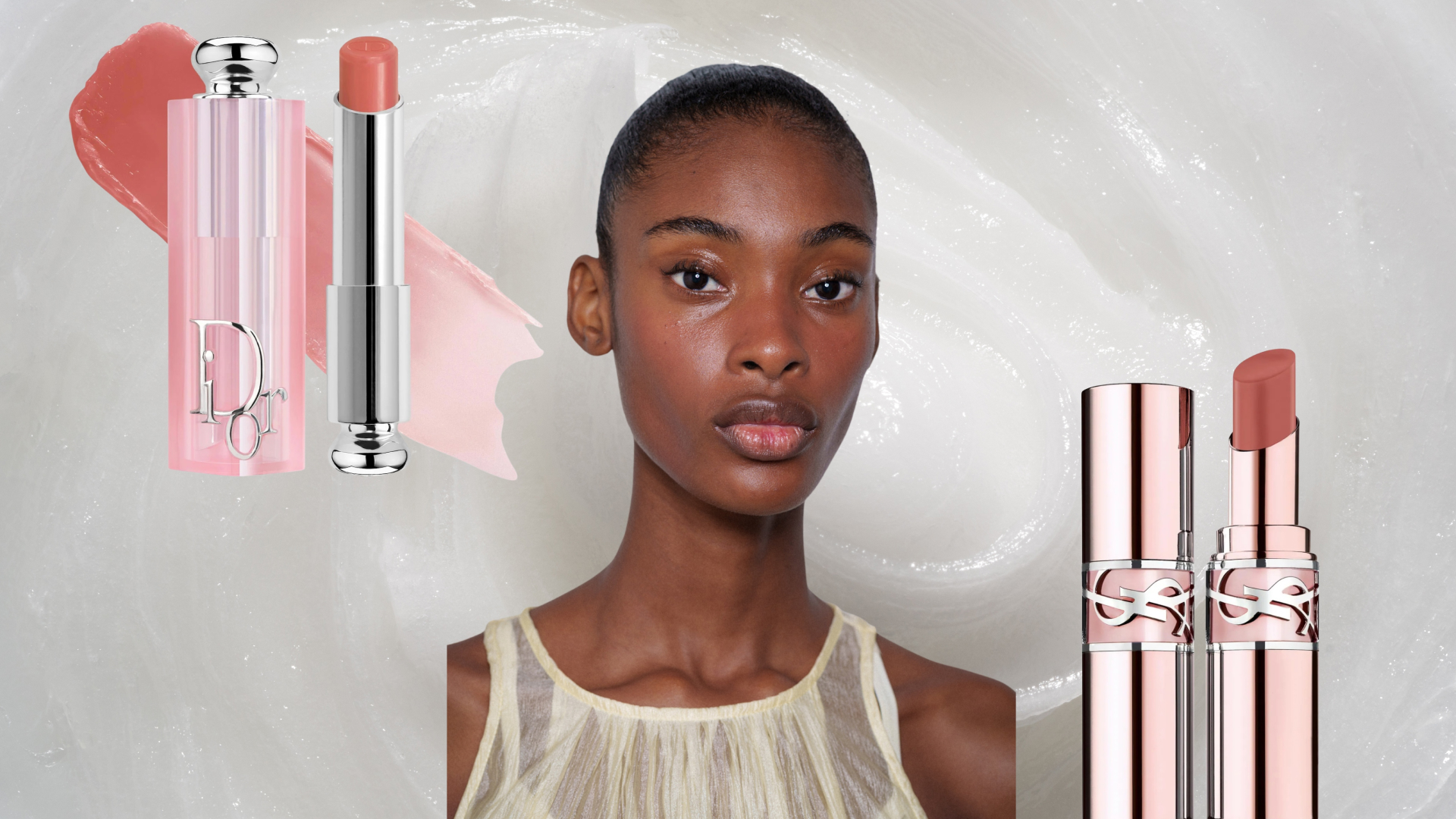 A model with a slicked back bun surrounded by Dior and YSL lip balms 