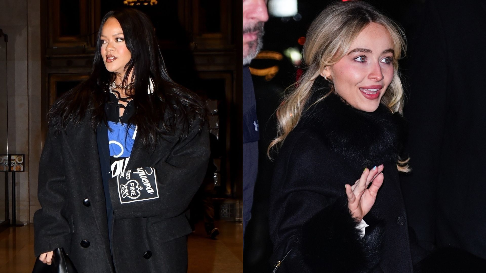 Collage of Rihanna and Sabrina Carpenter wearing white heels with black coats.