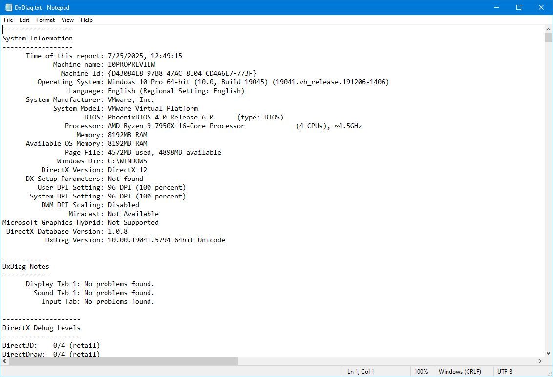 DirectX PC specs export info