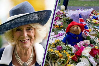 Camilla, Queen Consort smiling in a navy hat, alongside an image of the floral tributes and a Paddington Bear teddy left in tribute for Queen Elizabeth II