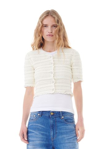 White Pointelle Short Sleeve Cardigan