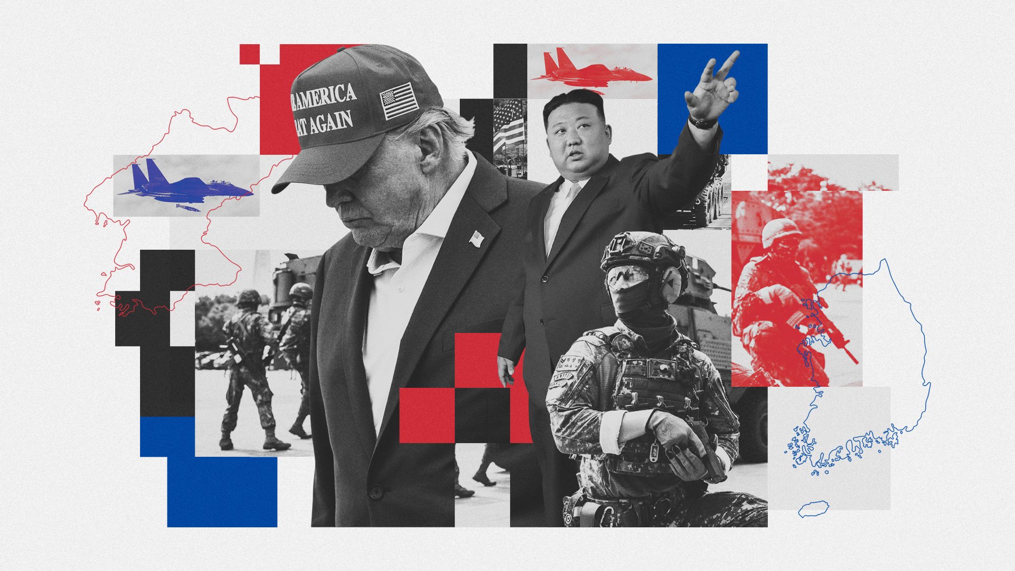 Photo collage illustration of Donald Trump, Kim Jong-Un and the Ulchi Freedom Shield drills