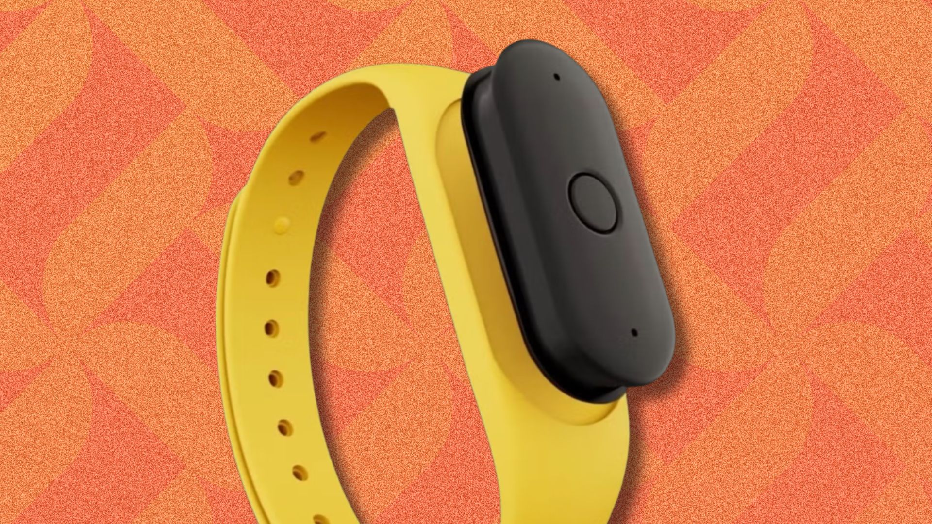 an image of the AI bracelet against an orange patterned background