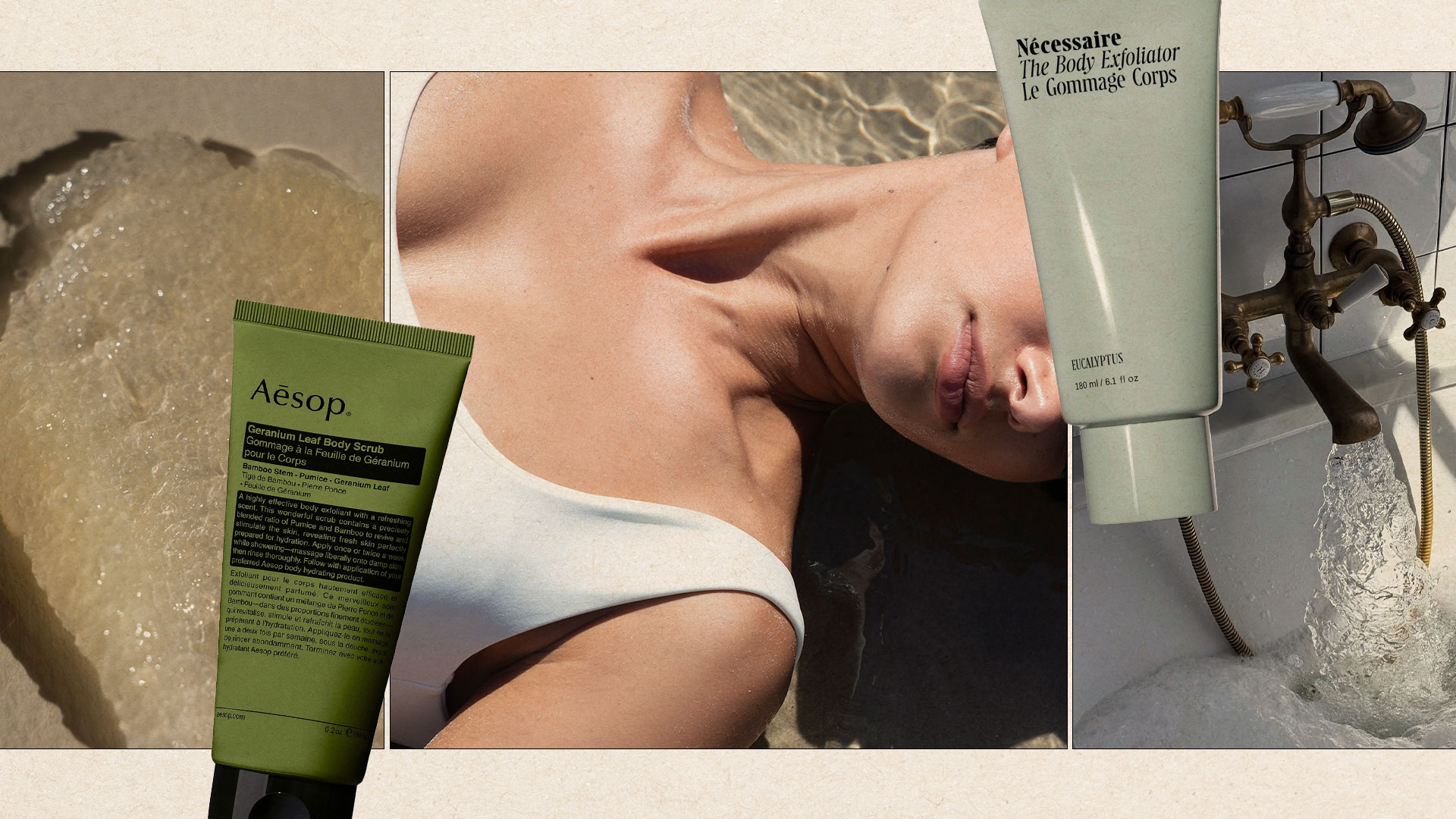 A collage of lifestyle wellness images with body scrubs from Aesop and Nécessaire overlaid.