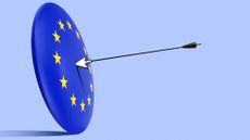 Illustration of an archery arrow tipped with a mouse cursor icon embedded in an EU flag target